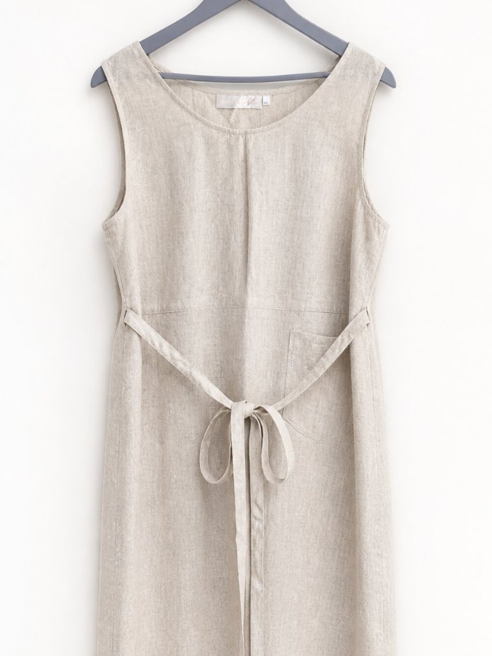European Linen Blend Tie-Waist Dress – Natural Beige – XXL